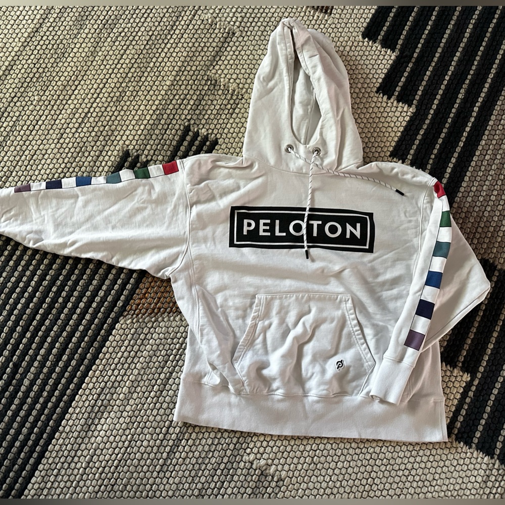 Peloton White Hoodie with Colorful Sleeve Accents